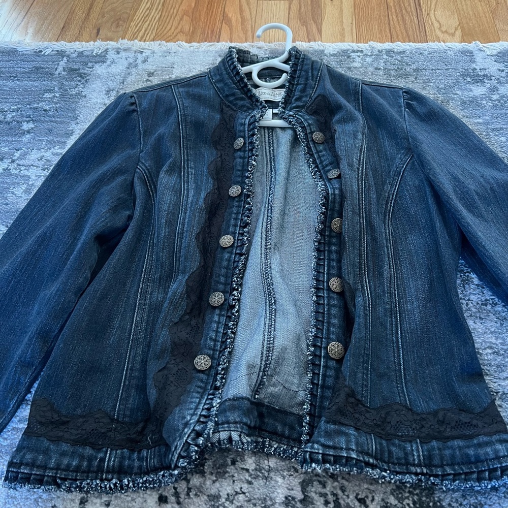 Live A Little brand denim jean jacket. New without tags. Lace detail. Size large
